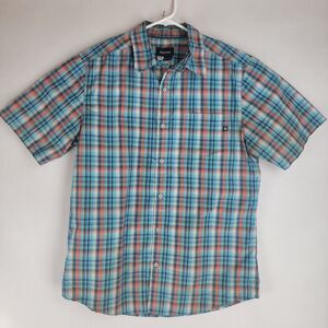 Marmot Mens Size Medium Blue Orange Plaid Button Short Sleeve Shirt